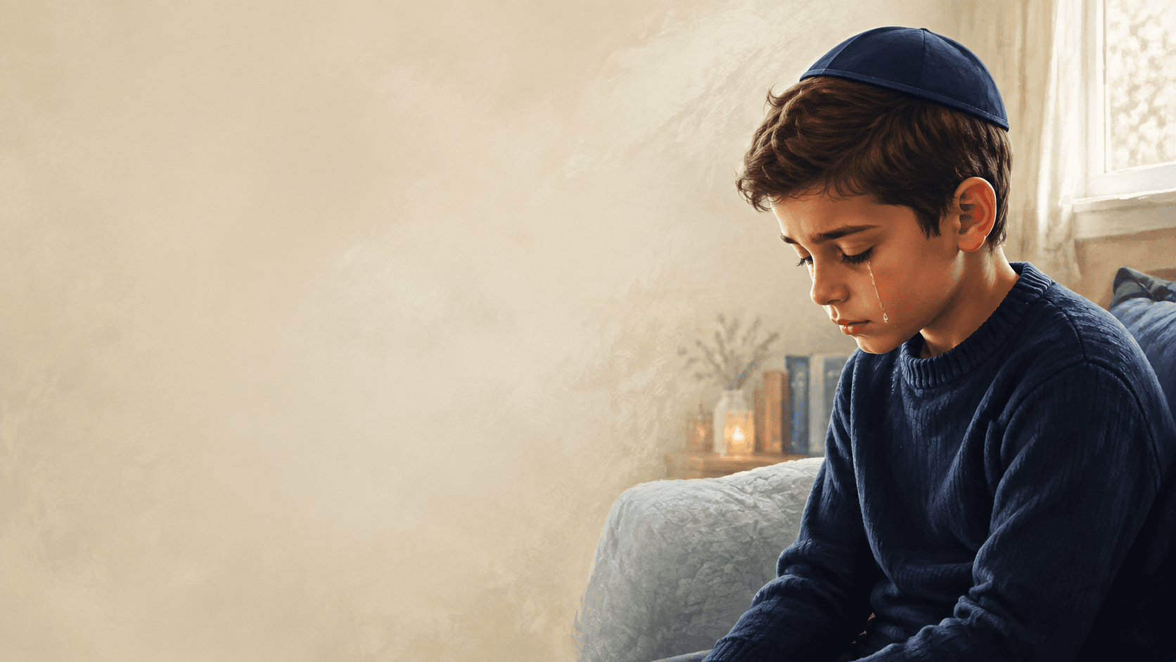 A Jewish boy in a kippah with tears on his cheeks